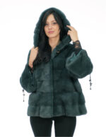 Pelliccia visone verde bistro green taglia 46 manica tre quarti con coulisse cappuccio