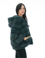 Pelliccia visone verde bistro green taglia 46 manica tre quarti con coulisse cappuccio