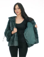 Pelliccia visone verde bistro green taglia 46 manica tre quarti con coulisse cappuccio