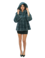 Petrolgrüne Nerzpelzjacke 48 horizontale langärmelige Kapuze gefütterte Nerzfelle – Bild 4