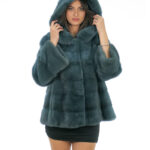 Giacca in pelliccia di visone verde petrolio 48 orizzontale manica lunga cappuccio foderato pelli visone