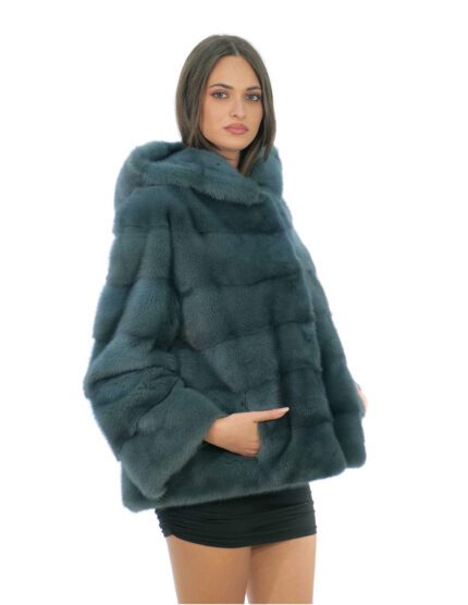 Giacca in pelliccia di visone verde petrolio 48 orizzontale manica lunga cappuccio foderato pelli visone