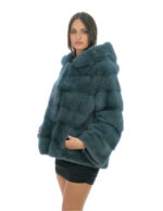 Petrolgrüne Nerzpelzjacke 48 horizontale langärmelige Kapuze gefütterte Nerzfelle – Bild 3