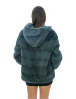 Petrolgrüne Nerzpelzjacke 48 horizontale langärmelige Kapuze gefütterte Nerzfelle – Bild 5