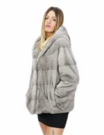 Pelz 60 cm horizontaler Nerz Saphir 50 Kordelzug Innenärmel langer Kapuzenhaken Verschluss – Bild 2