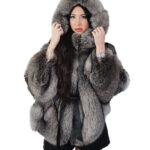 Silver 48-56 hooded fox fur cape with inside belt wide fit V-worked