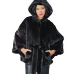 Black mink cape 46-52 vertical processing hood and inner fur belt outer pockets