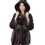 Mink fur coat 42 vertical 78cm long hood outer belt fur coat