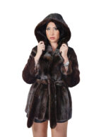 Mink fur coat 42 vertical 78cm long hood outer belt fur coat