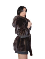 Mink fur coat 42 vertical 78cm long hood outer belt fur coat - Image 3