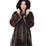 Mahogany 50 vertical mink fur coat with horizontal band at cuffs and hood bottom