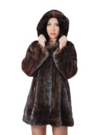 Mahogany 50 vertical mink fur coat with horizontal band at cuffs and hood bottom