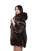 Mahogany 50 vertical mink fur coat with horizontal band at cuffs and hood bottom - Image 2