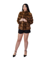 Mink fur jacket horizontal long sleeve 40 gold dark pistagna collar outer pockets - Image 4