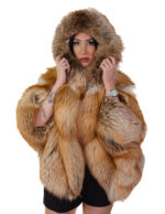 Накидка из меха лисы с капюшоном 46-54 натуральный оранжевый и белый свободный крой V-образная отделка