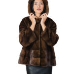 Coat saga furs mink fur demi 50 horizontal bottom and cuffs and full hood leather