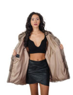 48-54 Grauer Nerzpelz Umhang V-förmige Kapuze Dreiviertel-Ärmel Kordelzug Saum – Bild 6