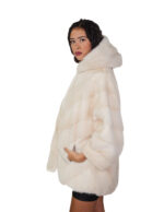 48-54 Elfenbeinfarbener Nerzpelz-Umhang V-förmige Kapuze Dreiviertel-Ärmel Kordelzug Saum – Bild 2