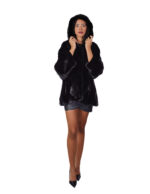 48-54 Schwarzer Nerzpelz-Umhang V-förmige Kapuze Dreiviertel-Ärmel Kordelzug am Saum – Bild 4