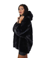 48-54 Schwarzer Nerzpelz-Umhang V-förmige Kapuze Dreiviertel-Ärmel Kordelzug am Saum – Bild 3