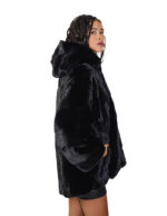 48-54 Schwarzer Nerzpelz-Umhang V-förmige Kapuze Dreiviertel-Ärmel Kordelzug am Saum – Bild 2