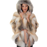 Hooded fox fur cape 46-54 natural beige with yellow and black undertones with inside belt loose fit V-worked