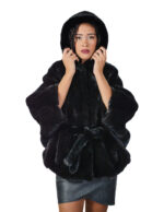 Mantella lavorazione a V pelliccia visone 48-54 nero cappuccio cintura interna in pelliccia alta 72 centimetri