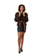 Giacca pelliccia visone orizzontale demi scuro 56 con cappuccio con coulisse manica lunga cintura esterna in pelliccia - immagine 4