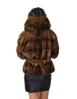 Giacca pelliccia visone orizzontale demi scuro 56 con cappuccio con coulisse manica lunga cintura esterna in pelliccia - immagine 5