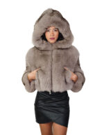 Light fox fur jacket sable gray 42 leather full hood three-quarter sleeve zipper closure