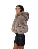 Light fox fur jacket sable gray 42 leather full hood three-quarter sleeve zipper closure - Image 2