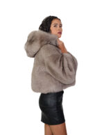 Light fox fur jacket sable gray 42 leather full hood three-quarter sleeve zipper closure - Image 3