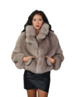 Light sable fox fur jacket gray 42 leather full length neck pistana sleeve three-quarter clip button closure