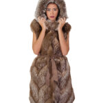 Sleeveless fox fur vest 100cm 46 color brown coffee with hood and outer leather belt