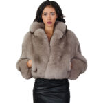Light sable fox fur jacket gray 42 leather full chest and lapel three-quarter sleeve clip hook closure