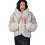 Fox fur bomber jacket 40 white natural horizontal and full fox fur shawl collar three-quarter sleeve clip hook closure