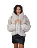 Fox fur bomber jacket 40 white natural horizontal and full fox fur shawl collar three-quarter sleeve clip hook closure