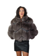Dark sable gray fox fur jacket 40 v-work v-neck crater neck three-quarter sleeve clip hook closure