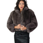 Dark sable gray fox fur jacket 42 leather full chest and lapel three-quarter sleeve clip hook closure