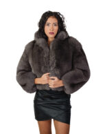 Dark sable gray fox fur jacket 42 leather full chest and lapel three-quarter sleeve clip hook closure