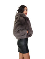 Dark sable gray fox fur jacket 42 leather full chest and lapel three-quarter sleeve clip hook closure - Image 3