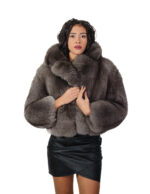 Куртка из меха лисы темно-соболиного серого цвета 42 кожа полный воротник три четверти рукава застежка на пуговицах
