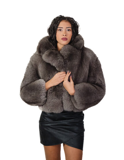 Куртка из меха лисы темно-соболиного серого цвета 42 кожа полный воротник три четверти рукава застежка на пуговицах