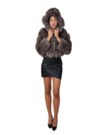 Fox fur jacket dark sable gray 44 leather horizontal V-shaped hood three-quarter sleeve zipper closure - Image 4