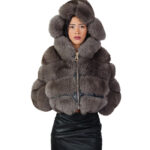 Fox fur jacket dark sable gray 44 leather horizontal V-shaped hood three-quarter sleeve zipper closure