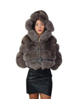 Fox fur jacket dark sable gray 44 leather horizontal V-shaped hood three-quarter sleeve zipper closure