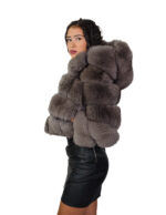 Fox fur jacket dark sable gray 44 leather horizontal V-shaped hood three-quarter sleeve zipper closure - Image 3