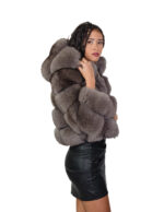 Fox fur jacket dark sable gray 44 leather horizontal V-shaped hood three-quarter sleeve zipper closure - Image 2