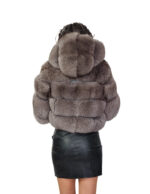 Fox fur jacket dark sable gray 44 leather horizontal V-shaped hood three-quarter sleeve zipper closure - Image 5