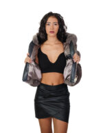 Fox fur jacket dark sable gray 44 leather horizontal V-shaped hood three-quarter sleeve zipper closure - Image 6